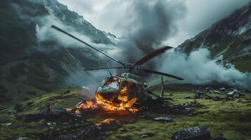 queimando helicóptero caiu dentro uma verde vale. avião batida foto