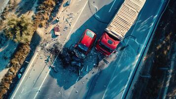 Alto ângulo Visão do perigoso carro acidente em estrada, caminhão, topo Visão do colisão. foto