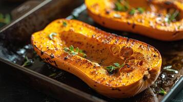 assado Butternut abóbora metades. fechar-se culinária fotografia foto