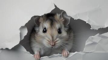 uma pensativo hamster emergente a partir de uma lágrima dentro cinzento papel. parece Fora do a Gap = Vão foto