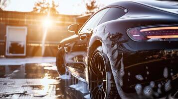 lustroso Preto Esportes carro obtendo meticulosamente lavado com shampoo às uma profissional carro lavar serviço com raios solares. foto
