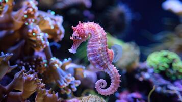 pequeno Rosa cavalo marinho dentro em uma fundo do corais e algas foto