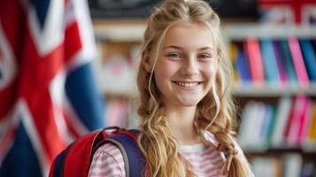 aprender Inglês linguagem, Adolescência aluna com Reino Unido Unidos reino bandeira dentro curso às escola. foto