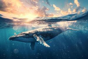 ampla baleia flutuando embaixo da agua. conceito para mundo oceano dia. foto