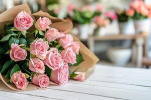 lindo ramalhete do Rosa pastel rosas embrulhado dentro uma construir papel em uma branco de madeira mesa dentro uma flor fazer compras. foto