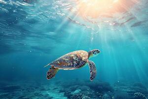 mar tartaruga embaixo da agua dentro a oceano. azul céu acima. conceito para mundo oceano dia. foto