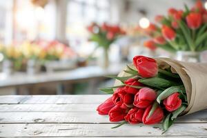 ramalhete do vermelho tulipas embrulhado dentro uma construir papel em uma branco de madeira mesa. borrado moderno flor fazer compras em uma fundo. foto