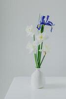 ramalhete do concurso narciso narciso e íris flores dentro uma vaso em uma branco mesa . foto