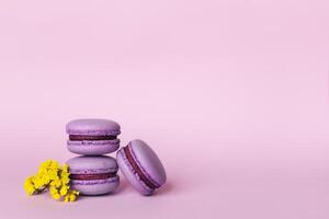 três roxa francês macarons com amarelo flores em uma roxa fundo. foto