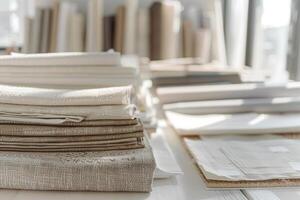 alfaiate mesa com uma variedade do tecidos e pastas do de costura esboços dentro uma moderno de costura estúdio em uma fundo. foto