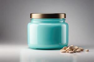 elegante azul vidro jarra com de madeira tampa e em branco rótulo - moderno cozinha armazenamento solução foto