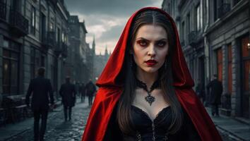 uma lindo gótico menina com grandes em linha reta cabelo dentro uma curto Preto vestir é caminhando através uma gótico cidade foto