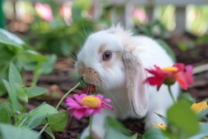 uma Holanda lop Coelho com grandes bigodes contraindo, cheirando uma flor foto