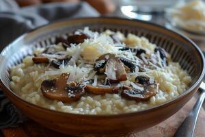 uma delicioso tigela do cremoso risoto com cogumelos e parmesão queijo foto