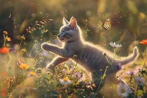 uma brincalhão russo azul gatinho perseguindo uma borboleta através uma campo do flores silvestres, Está lustroso prata casaco brilhando dentro a luz solar foto