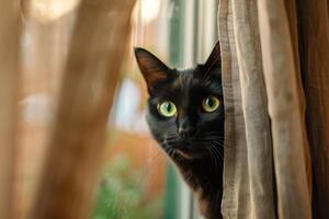 uma pernicioso Preto gato encarando Fora a partir de atrás uma cortina, Está brilhante verde olhos brilhando com curiosidade foto
