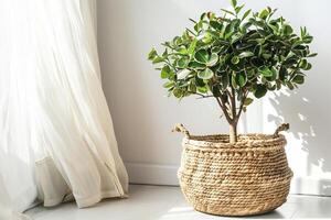 pequeno em vaso banyan árvore exibido dentro uma tecido cesta. foto