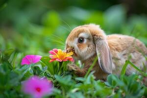 uma Holanda lop Coelho com grandes bigodes contraindo, cheirando uma flor foto