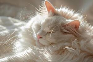 uma contente turco angorá gato aliciamento em si dentro a caloroso brilho do uma raio de Sol, Está grandes branco pele cintilante com dicas do prata foto