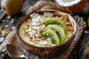 coco batido tigela coberto com granola foto