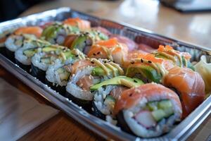 colorida Sushi rolos em uma bandeja foto