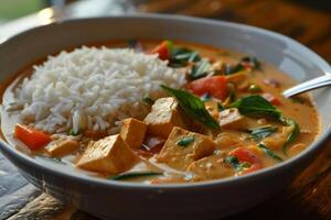 coco Curry tigela com tofu, legumes e jasmim arroz foto