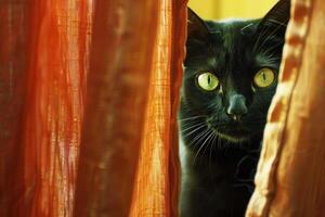 uma pernicioso Preto gato encarando Fora a partir de atrás uma cortina, Está brilhante verde olhos brilhando com curiosidade foto