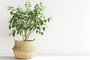pequeno em vaso banyan árvore exibido dentro uma tecido cesta. foto