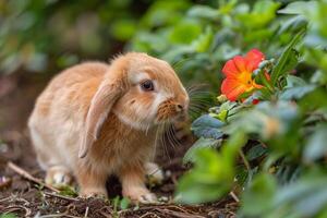 uma Holanda lop Coelho com grandes bigodes contraindo, cheirando uma flor foto