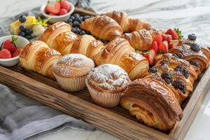 bandeja do sortido pastelaria Incluindo croissants, bolos e dinamarquês foto