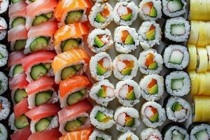 colorida Sushi rolos com fresco peixe, abacate e pepino foto