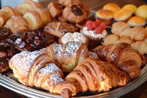 bandeja do sortido pastelaria Incluindo croissants, bolos e dinamarquês foto