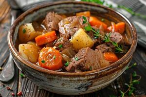 Goulash com concurso carne bovina, cenouras e batatas foto