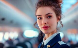 confiante comissária de bordo mulher às trabalhos em avião. foto