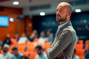 jovem homem dando uma discurso às conferência com borrado público. foto