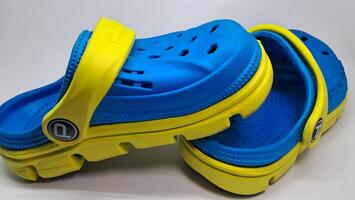 uma par do azul e amarelo sandálias foto