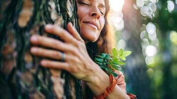 de Meio Ambiente clima ativista, lindo mulher abraçando árvore dentro floresta, natureza fundo, eco amigável, clima mudança foto