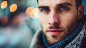 fechar-se retrato do bonito jovem elegante homem com azul olhos, masculino modelo, moda e estilo de vida, pessoas fundo foto