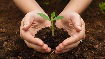 mãos berço plantinha, simbolizando crescimento e vitalidade foto