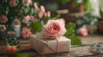 Rosa rosa em branco presente caixa. generativo de ai foto