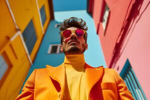 à moda homem dentro amarelo terno e vermelho oculos escuros. generativo de ai foto