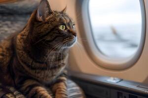 gato sentado em almofada, olhando Fora avião janela. generativo de ai foto