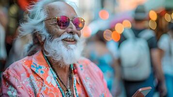 barbudo homem dentro oculos de sol usando célula telefone. generative-ai foto