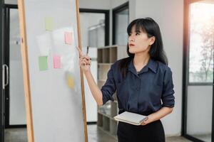 empresária usando pegajoso notas para debate e organizando tarefas em uma quadro branco dentro uma brilhante escritório espaço. foto