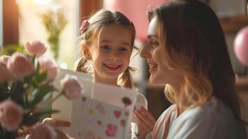 mulher e menina segurando mães dia cartão. generative-ai foto