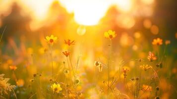 lindo campo do amarelo margarida flores dentro pôr do sol luz foto