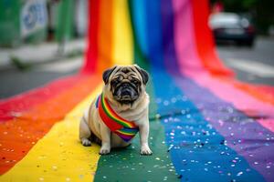 elegante pug animal cachorro dentro orgulho parada. conceito do lgbtq orgulho. foto