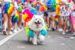 elegante samoiedo animal cachorro dentro orgulho parada. conceito do lgbtq orgulho. foto