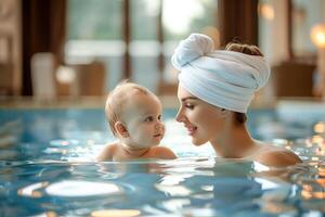 lindo caucasiano jovem mãe e dela bebê dentro a natação piscina. foto