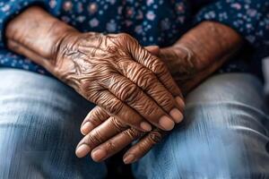 mão do mais velho mulher. conceito do reumatóide artrite, osteoartrite, ou articulação dor. foto
